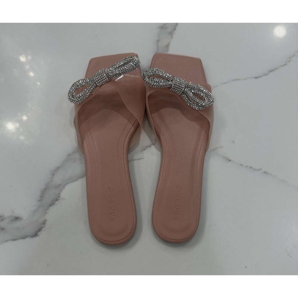 Bamboo Sandals Shoes Womens‎ Size 7 Pink Rhinestone Bow Slide Slip On Square Toe